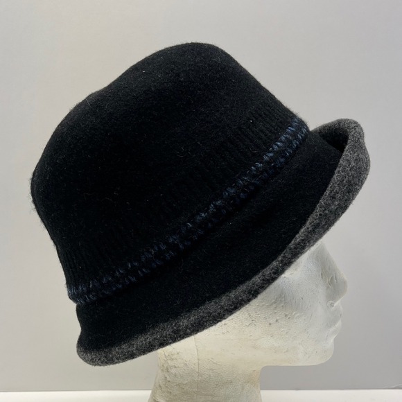 Accessories - Black Wool Blend Bucket Hat Cloche With Grey Brim And Blue Stitching Adjustable